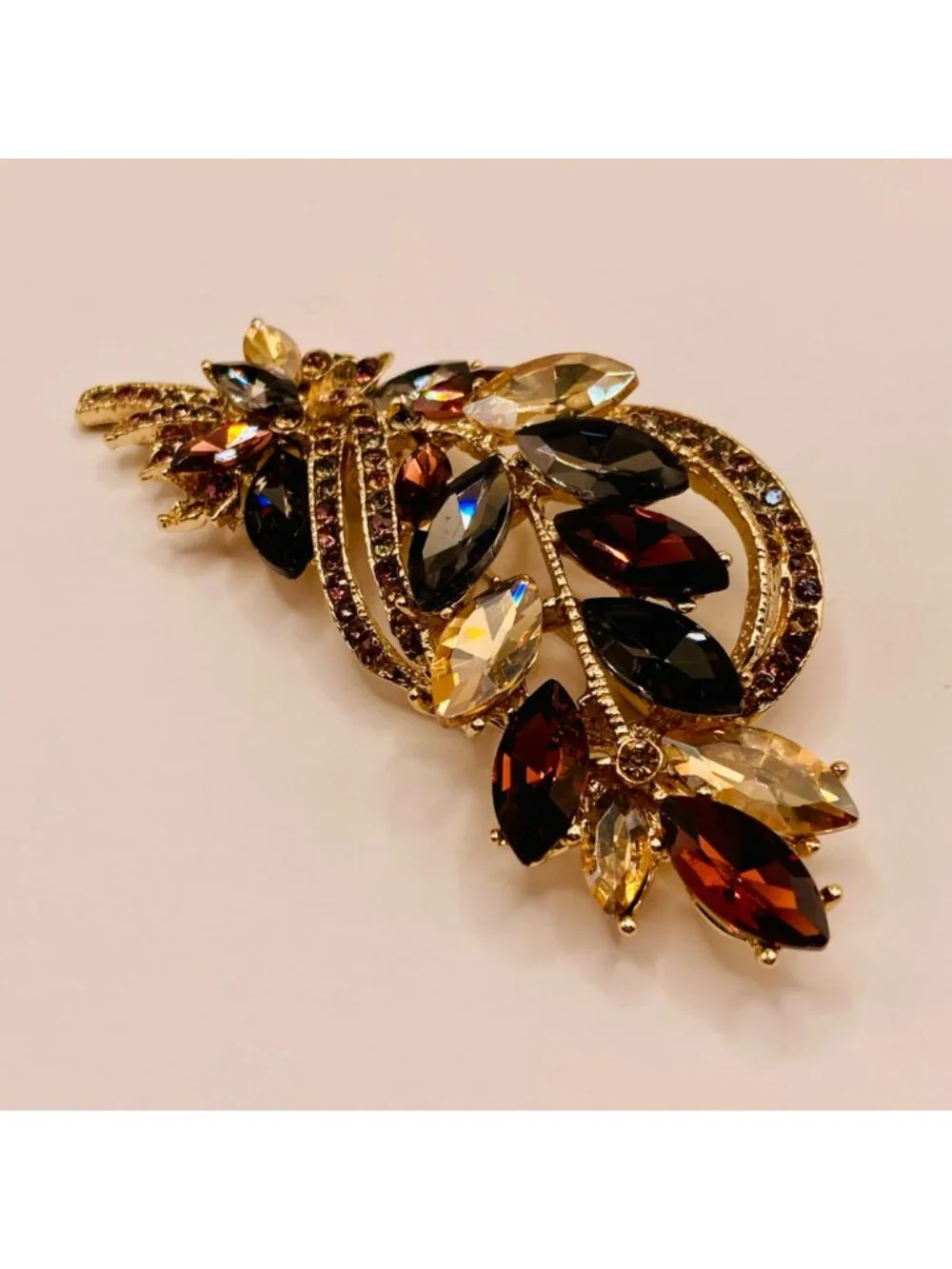 Gold-Tone Floral Brooch Multi-Color Rhinestones Elegant Leaf Design -112B